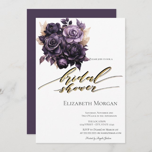 Elegant Dark Purple Roses Bridal Shower  Invitation (Front/Back)