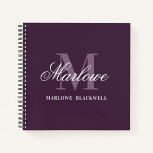 Elegant Dark Purple White Monogram Calligraphy Notebook