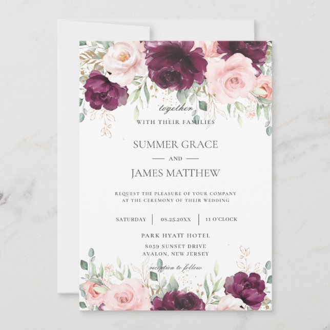 Elegant Dark Raspberry Blush Pink Floral Wedding Invitation (Front)