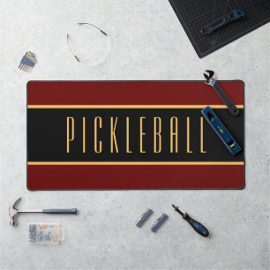 Elegant Dark Red Black Stripes PICKLEBALL Text  Desk Mat