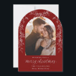 Elegant Dark Red Botanical Arch Photo Christmas Holiday Card<br><div class="desc">Celebrate the season with these elegant red flat Christmas cards featuring your family photo in a graceful arch frame. Soft gold botanical foliage accents the sides, while “Merry Christmas” appears in beautiful calligraphy script. A timeless blend of holiday warmth and sophistication, perfect for families who love classic red and white...</div>