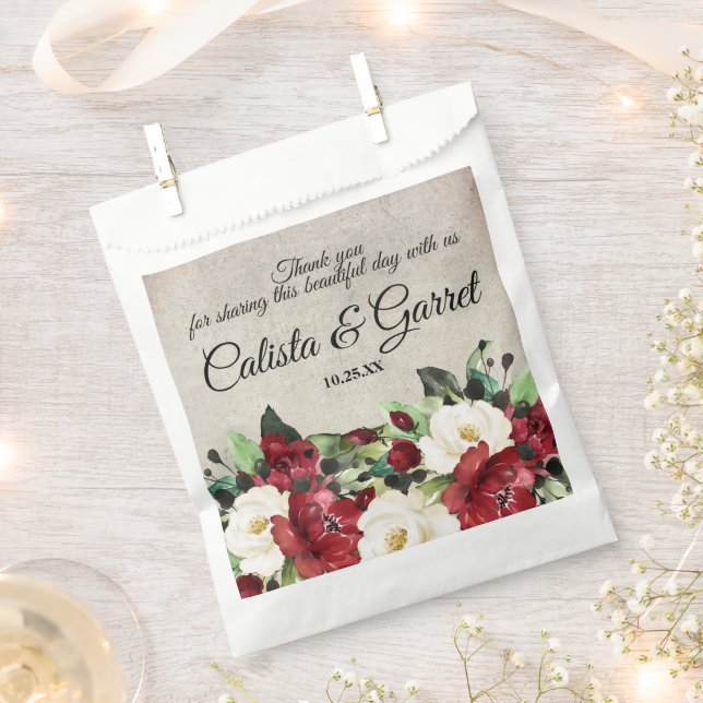 Elegant Dark Red Floral Goth Wedding Thank You Favour Bags (Clipped)