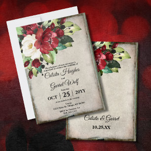 Elegant Dark Red Floral Grunge Grey Goth Wedding Invitation