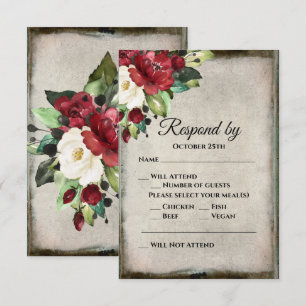 Elegant Dark Red Floral Grunge Grey Goth Wedding RSVP Card