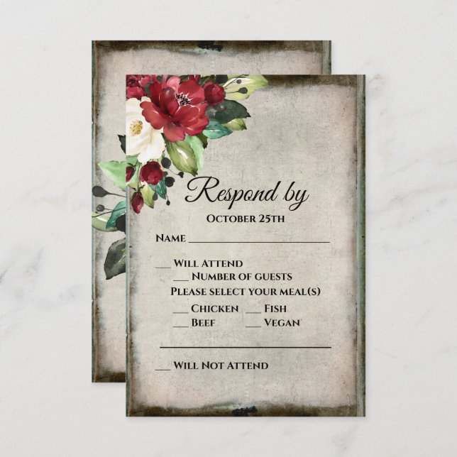 Elegant Dark Red Floral Grunge Grey Goth Wedding RSVP Card (Front/Back)