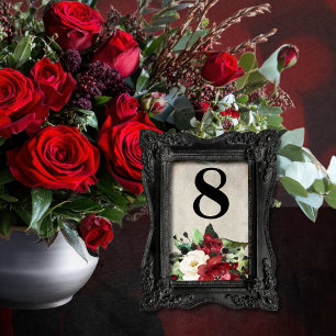 Elegant Dark Red Floral Grunge Grey Goth Wedding Table Number