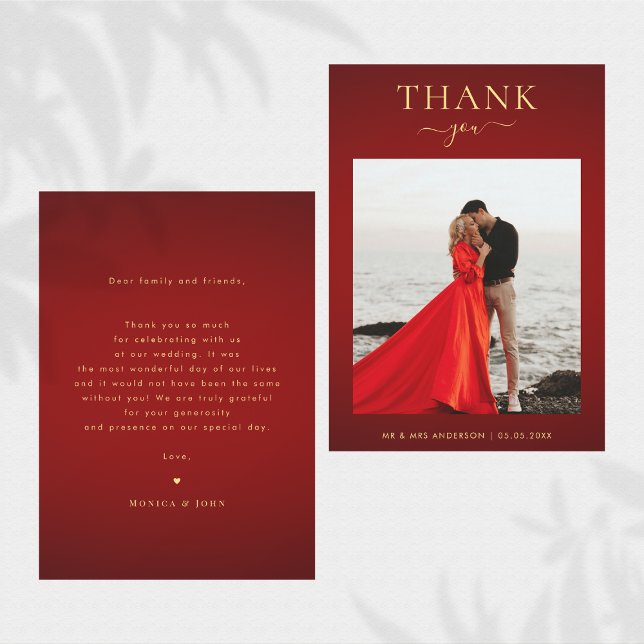 Elegant Dark Red & Gold Minimalist Photo Wedding Thank You Card (Creator Uploaded)