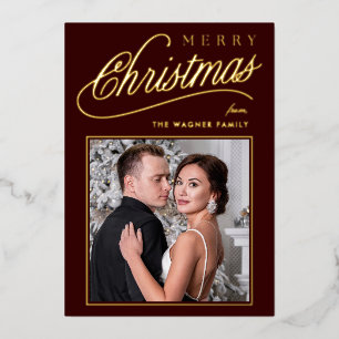 Elegant Dark Red Gold Script Merry Christmas Photo
