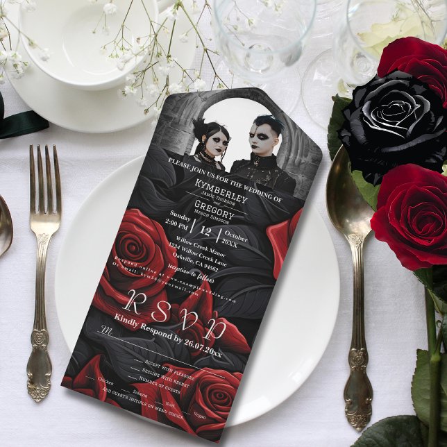 Elegant Dark Red Gothic Rose on Black One Photo All In One Invitation (Creator Uploaded)