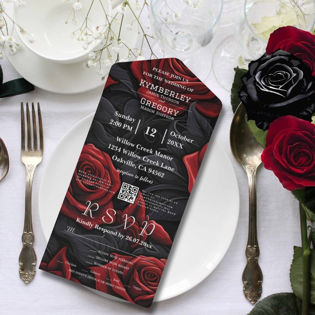 Elegant Dark Red Gothic Rose on Black QR Code All In One Invitation (Creator Uploaded)