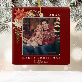 Elegant Dark Red Merry Christmas Poinsettia Photo Ceramic Ornament