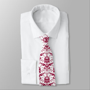 Elegant dark red-pink vintage damask on white tie