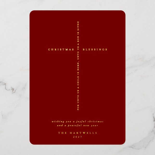 Elegant Dark Red Scripture Cross Foil Holiday Card (Front)