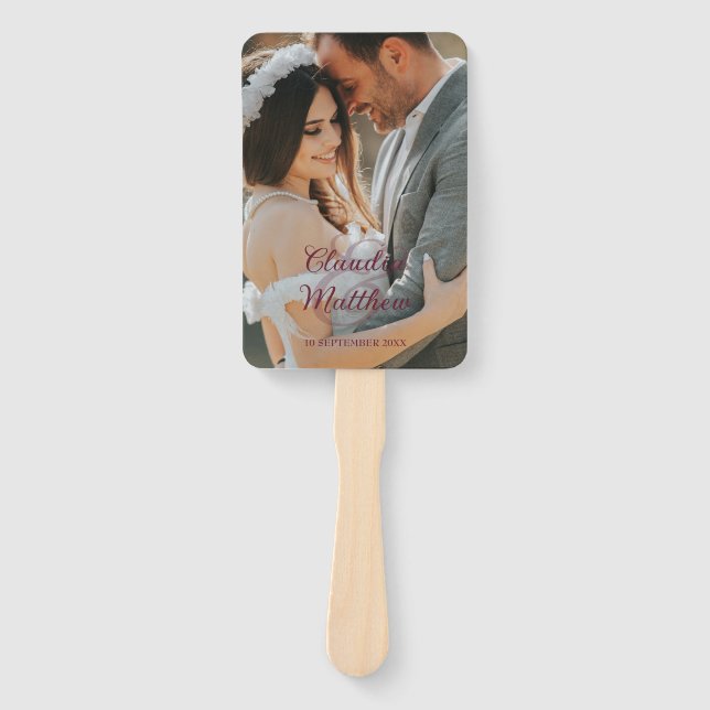 Elegant Dark Red & Silver Script Wedding Program Hand Fan (Front)