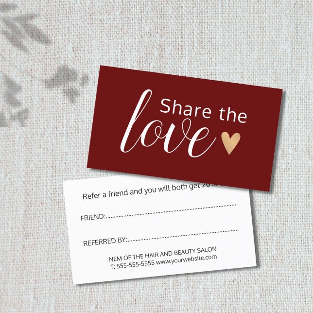 Elegant Dark Red White Gold Heart Beauty Salon Referral Card (Creator Uploaded)