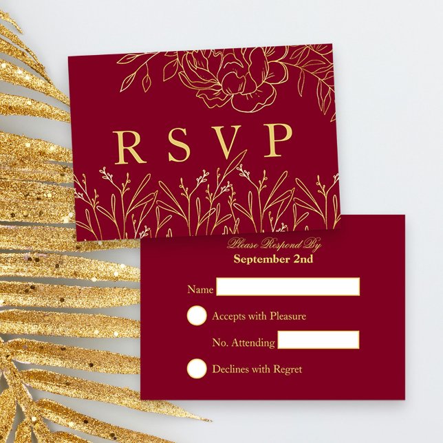 Elegant Dark Red with Gold Sketched Flowers RSVP Card (Red and Gold Quinceanera RSVP, from my Gold Sketched Floral collection)