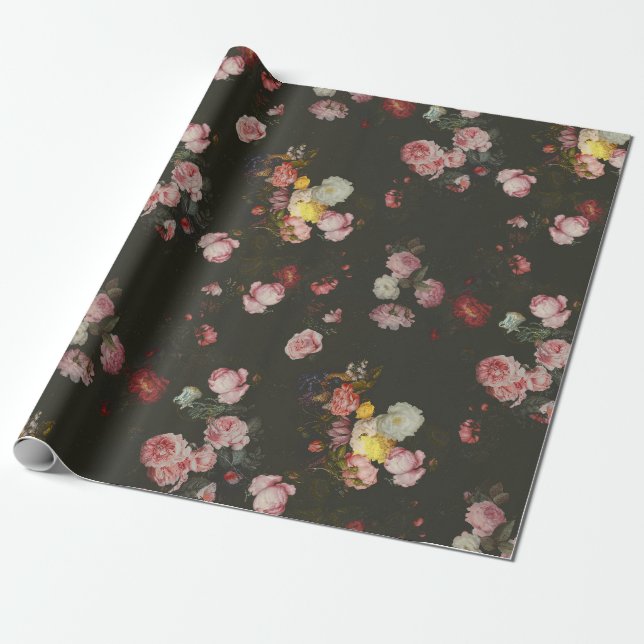 Elegant Dark Rich Dutch Floral Pink Roses  Wrapping Paper (Unrolled)