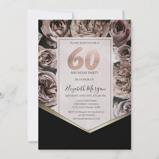 Elegant Dark Roses 60th Birthday Invitation (Front)
