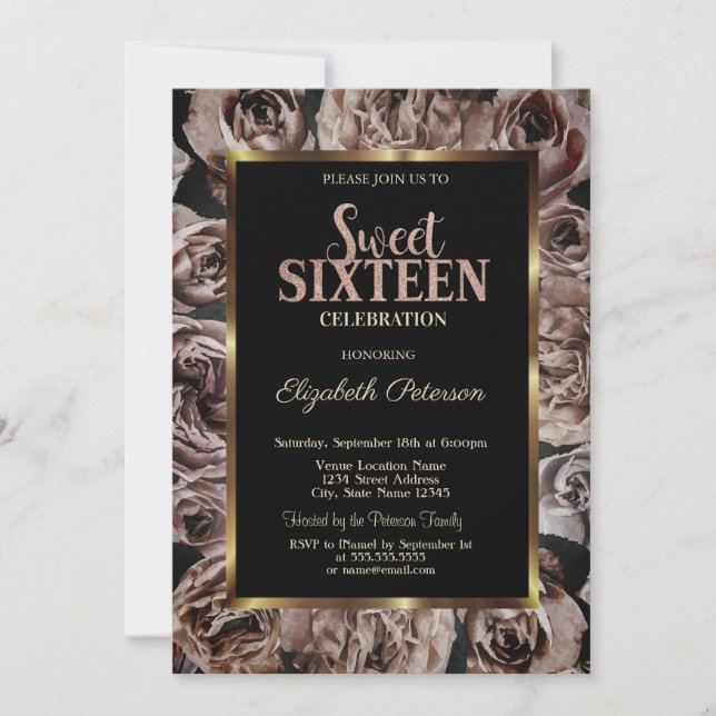Elegant Dark Roses Black Sweet 16 Invitation (Front)