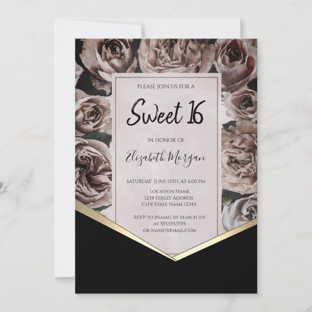 Elegant Dark Roses Sweet 16 Invitation (Front)