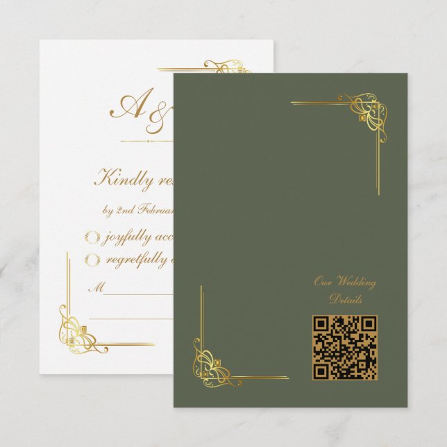 Elegant Dark Sage Gold Wedding Event QR Code RSVP Card (Front/Back)