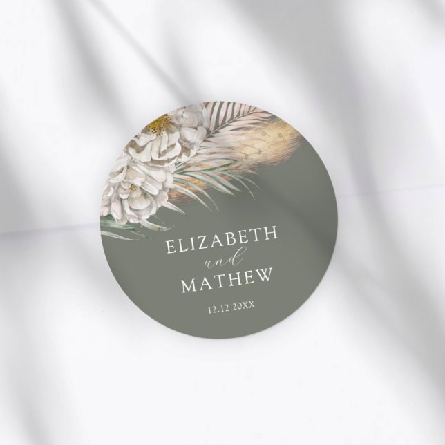 Elegant Dark Sage Pampas Grass Wedding Classic Round Sticker (Creator Uploaded)