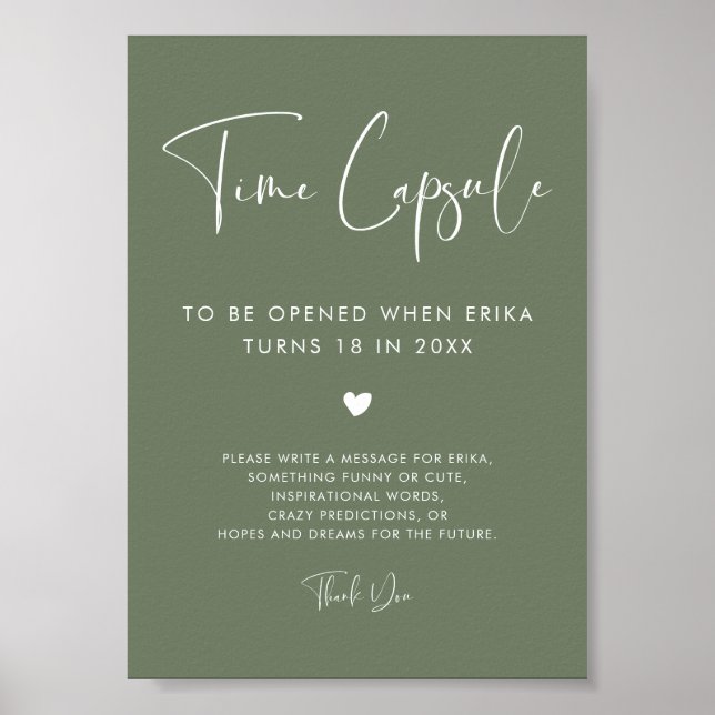 Elegant Dark Sage Time capsule 1st Birthday sign (Front)