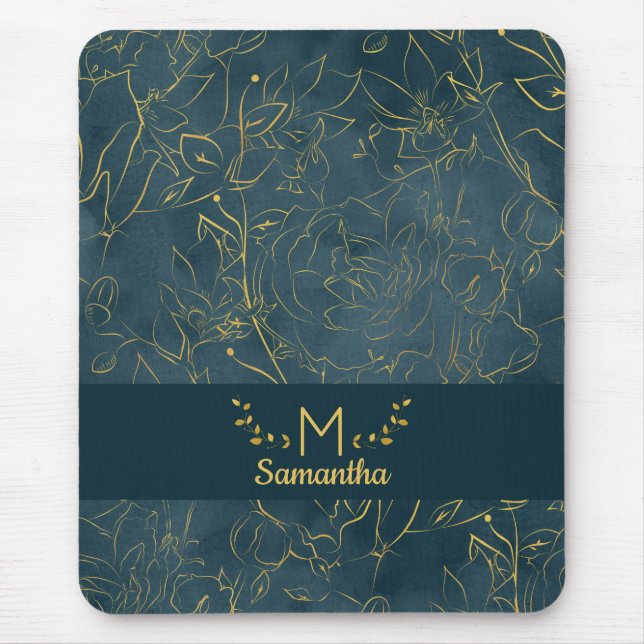 Elegant Dark Teal Blue & Gold Foil Floral Monogram Mouse Pad (Front)