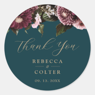 Elegant Dark Teal Burgundy Floral Wedding Classic Round Sticker