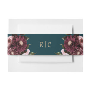 Elegant Dark Teal Burgundy Floral Wedding Invitation Belly Band