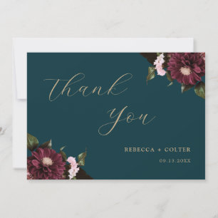 Elegant Dark Teal Burgundy Floral Wedding Thank You Card