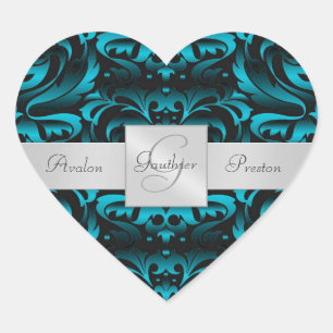 Elegant Dark Teal Damask Heart Wedding Sticker