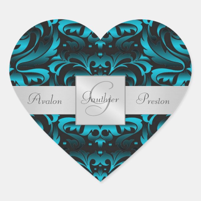 Elegant Dark Teal Damask Heart Wedding Sticker (Front)