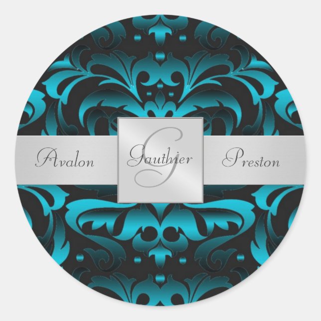 Elegant Dark Teal Damask Monogram Wedding Sticker (Front)