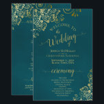 Elegant Dark Teal & Gold Budget Wedding Program<br><div class="desc">These wedding programs are elegant and tasteful, while still being budget friendly. The design features ornate golden faux foil curls and swirls with gold text on a dark teal colored background. The typography features lacy script calligraphy, and there is room for details on the ceremony, the bridal party, and a...</div>