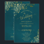 Elegant Dark Teal & Gold Budget Wedding Program<br><div class="desc">These wedding programs are elegant and tasteful, while still being budget friendly. The design features ornate golden faux foil curls and swirls with gold text on a dark teal colored background. The typography features lacy script calligraphy, and there is room for details on the ceremony, the bridal party, and a...</div>