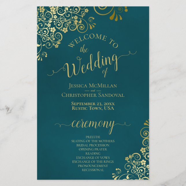Elegant Dark Teal & Gold Budget Wedding Program (Front)