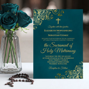 Elegant Dark Teal & Gold Modern Catholic Wedding Invitation