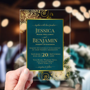 Elegant Dark Teal & Gold Stylish Text Glam Wedding Acrylic Invitations