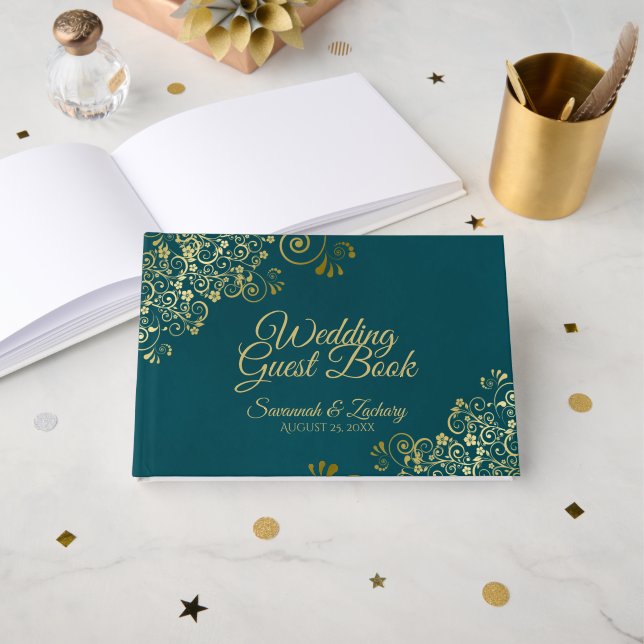 Elegant Dark Teal & Gold Stylish Wedding Guest Book (Front Open)