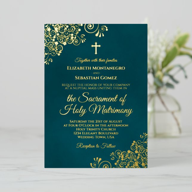 Elegant Dark Teal Modern Catholic Wedding Gold (Standing Front)
