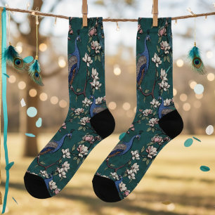 Elegant Dark Teal Peacocks and Magnolia Flowers Socks