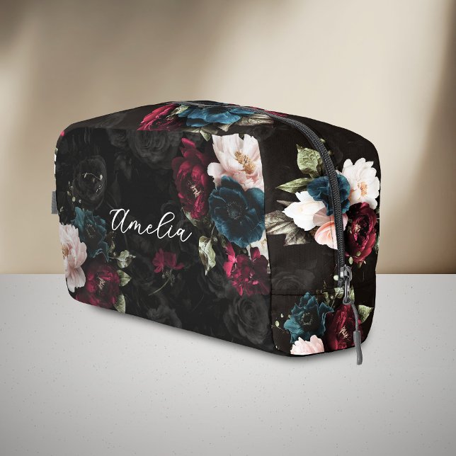 Elegant Dark Teal Red Floral Monogram Dopp Kit (Creator Uploaded)