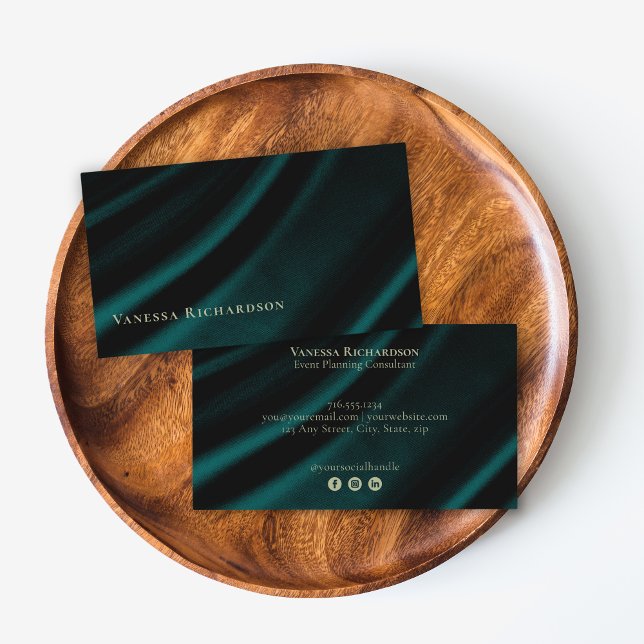 Elegant Dark Teal Satin Professional Social Media  Business Card (Creator Uploaded)
