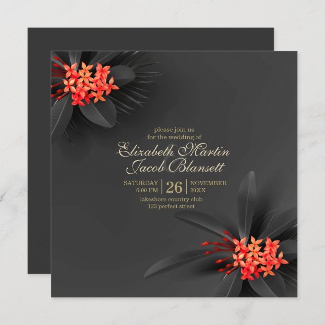 Elegant Dark Tropical Floral Wedding Invitation (Front/Back)