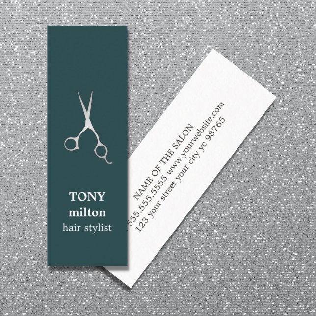 Elegant Dark Turquoise Faux Silver Scissors Hair Mini Business Card (Creator Uploaded)