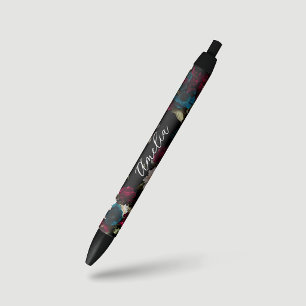 Elegant Dark Turquoise Red Floral Bloom Monogram Black Ink Pen