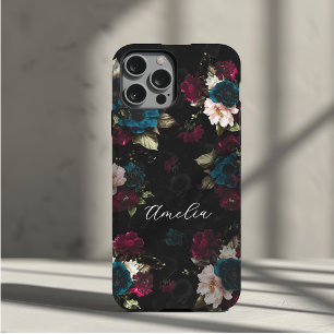 Elegant Dark Turquoise Red Floral Bloom Monogram Case-Mate iPhone Case