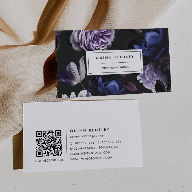 Elegant Dark Violet Floral QR Code Business Card (Creator Uploaded)