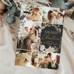 Elegant Dark White Gold Floral Photo Christmas Holiday Card